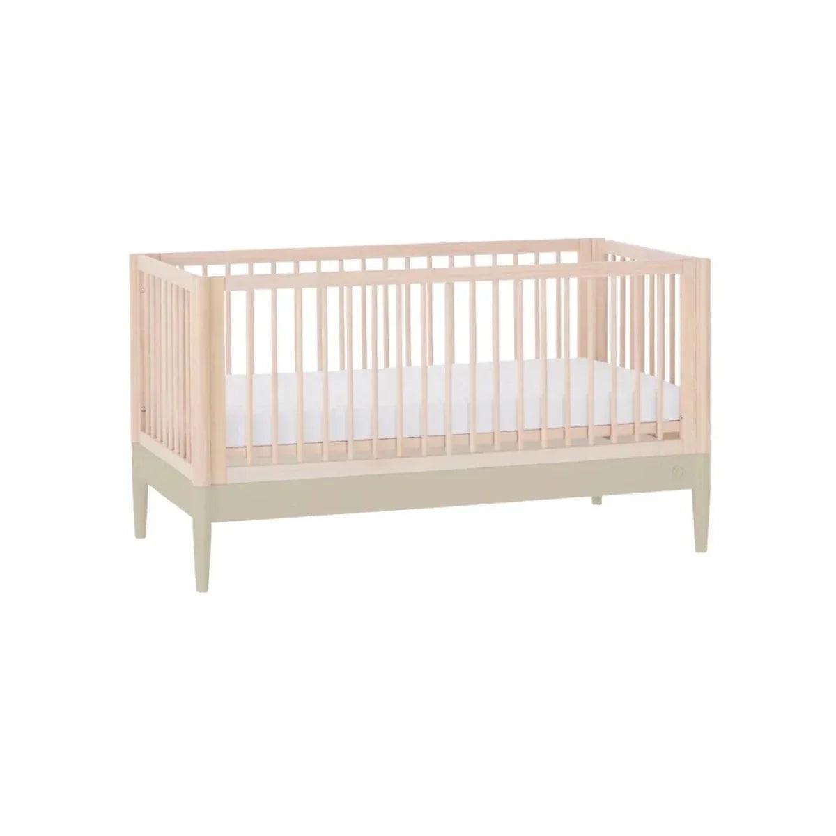 Convertible cot bed frame with vertical slats, natural wood and desert sage lower panel