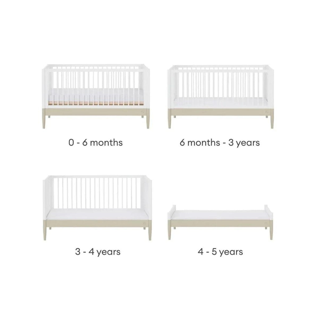 White convertible cot bed conversion views with different size settings