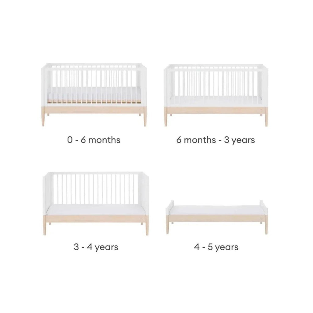 White convertible cot bed with multiple bed positions shown, natural wood accents.