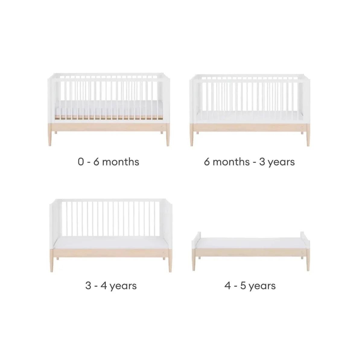 White convertible cot bed with multiple bed positions shown, natural wood accents.