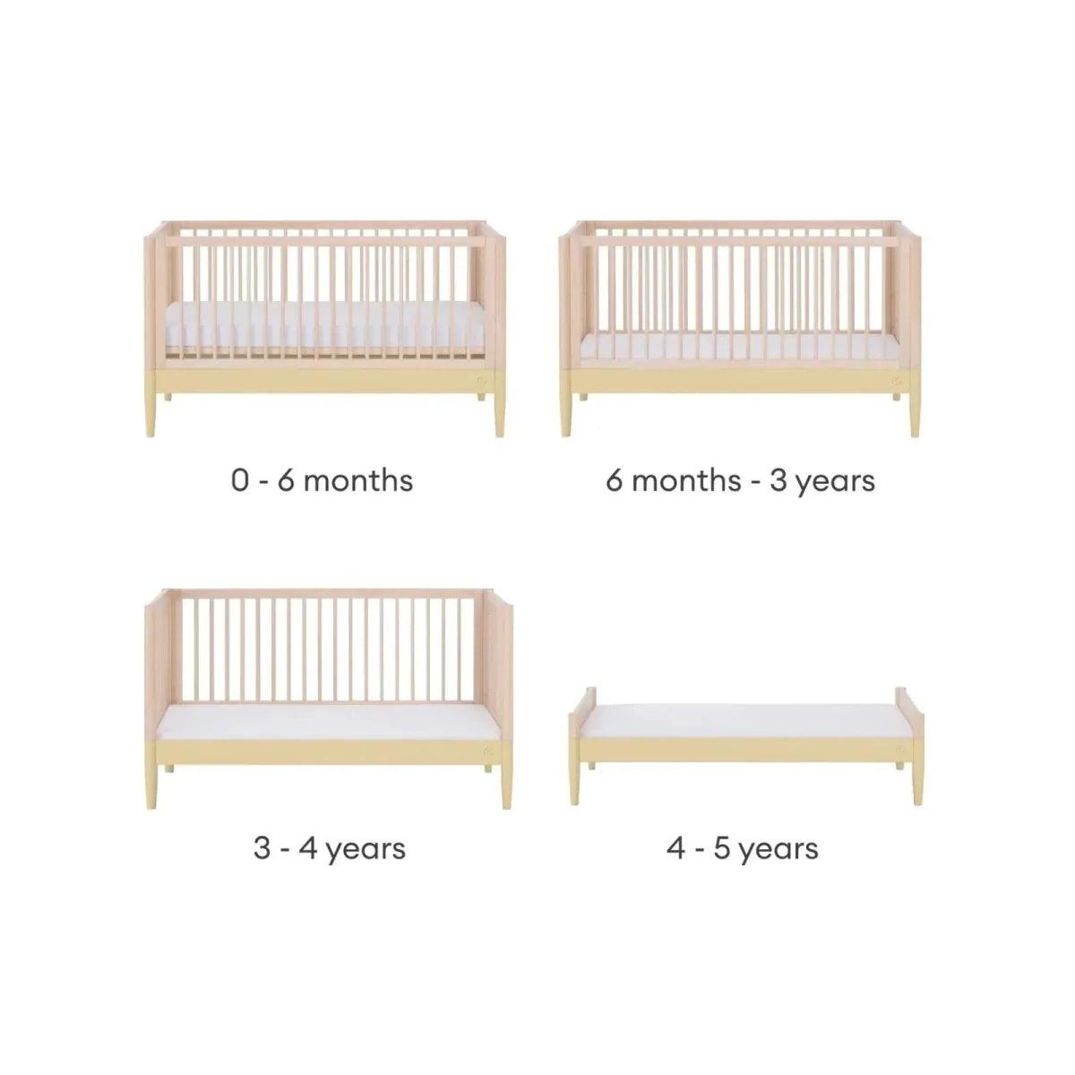 Convertible cot bed to toddler bed with light wood rails and four layout views