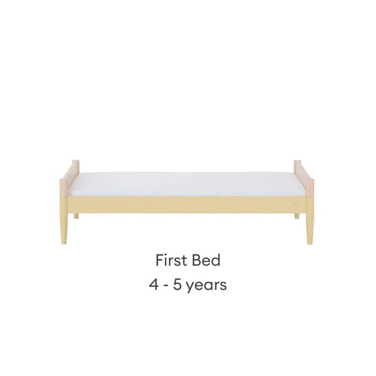 First bed frame in natural wood with primrose yellow base rail and low end panels