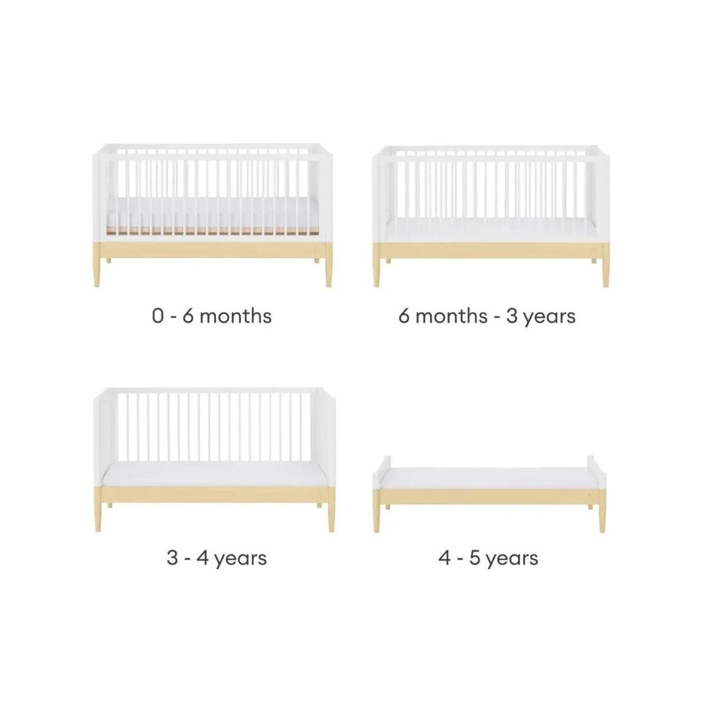Convertible cot bed frames with white rails and pale wood legs, multiple stage views