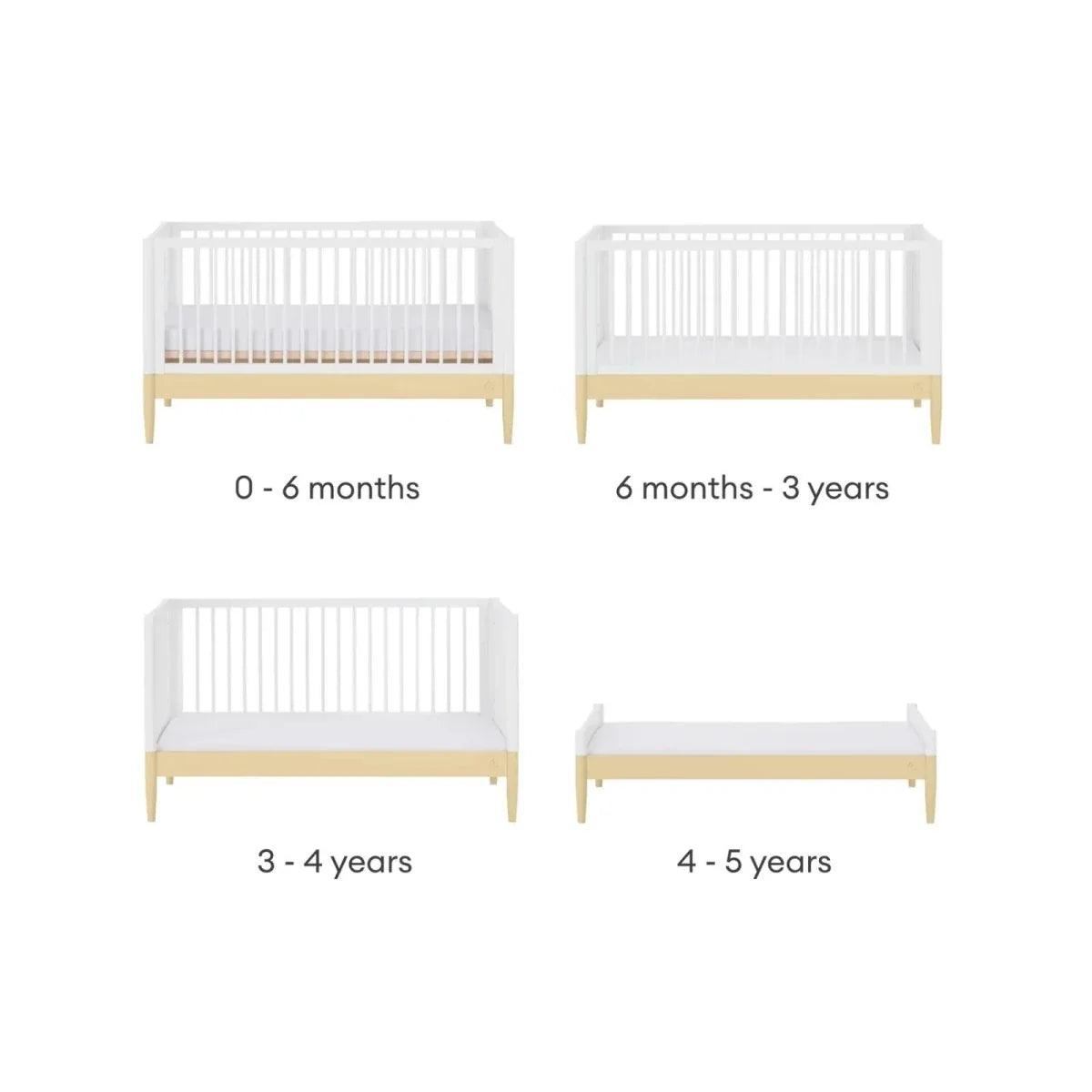 Convertible cot bed frames with white rails and pale wood legs, multiple stage views