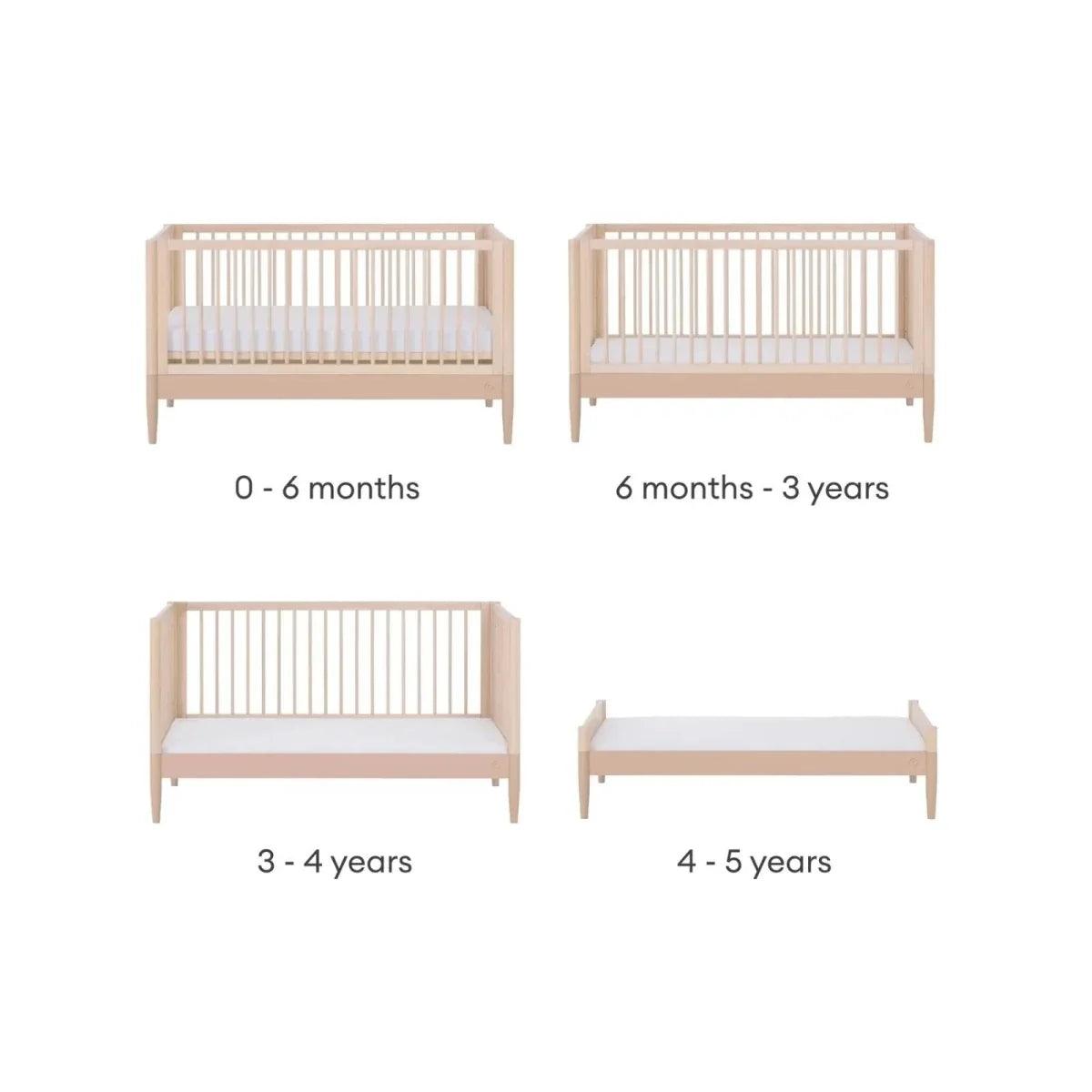 Cot bed conversion views showing different side-rail positions for growth stages.