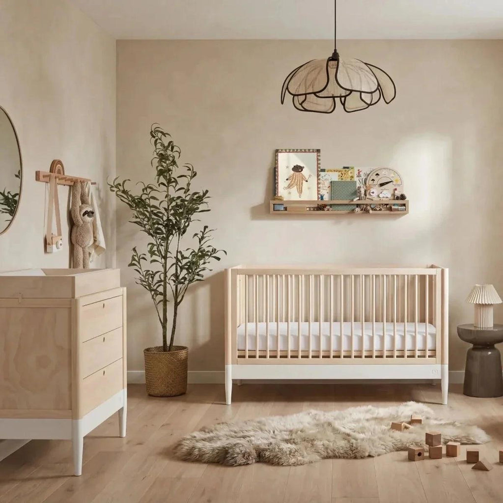 White and natural ash nursery cot bed, three-quarter view, with vertical slat sides