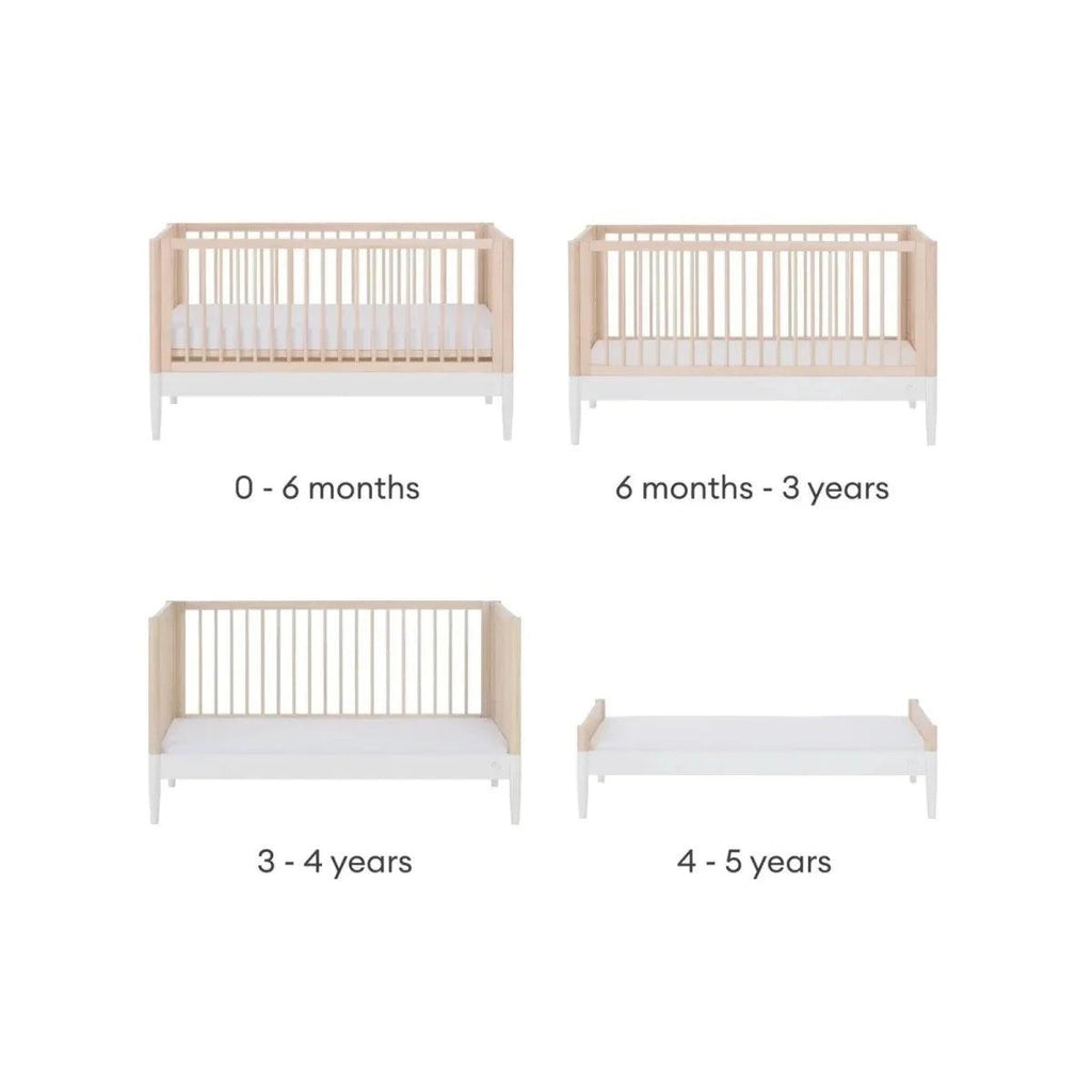 Convertible cot bed frame shown in multiple age-stage positions with slatted sides