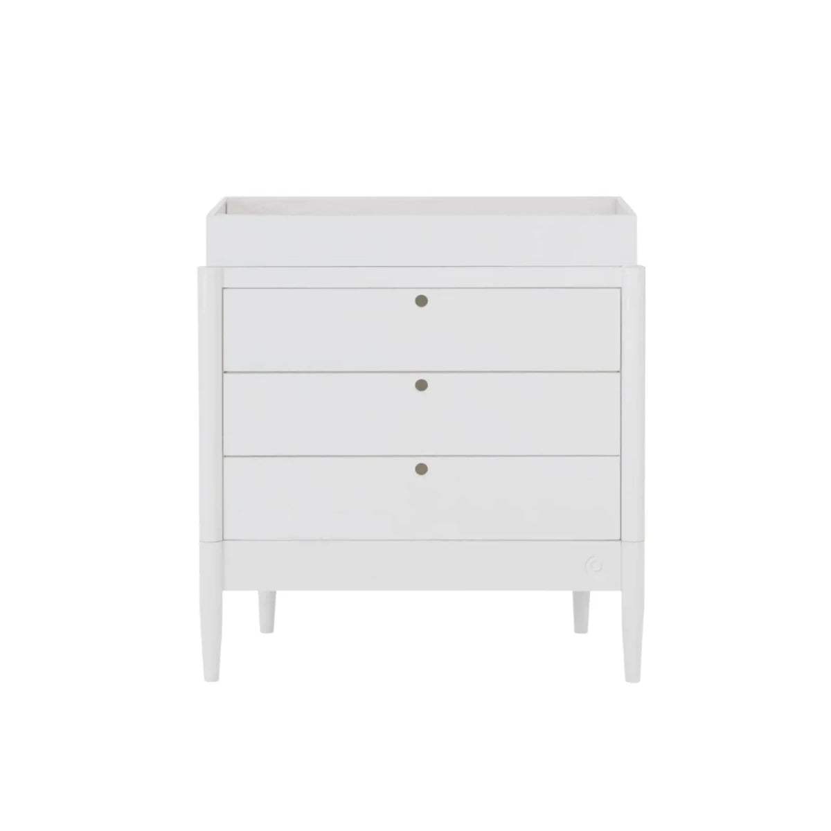 White baby dresser front view, three drawers with gold knobs and tapered legs