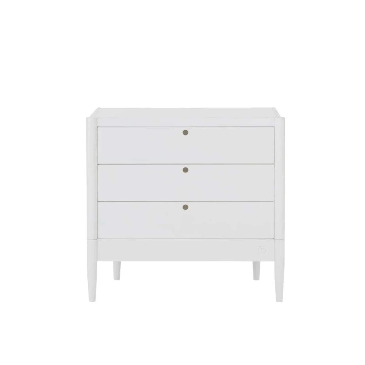 White baby dresser with three drawer fronts and gold knobs, raised on legs
