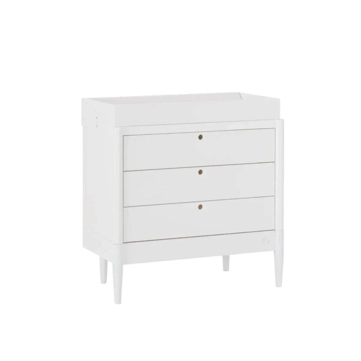White baby dresser side view, three drawers with gold knobs and turned feet