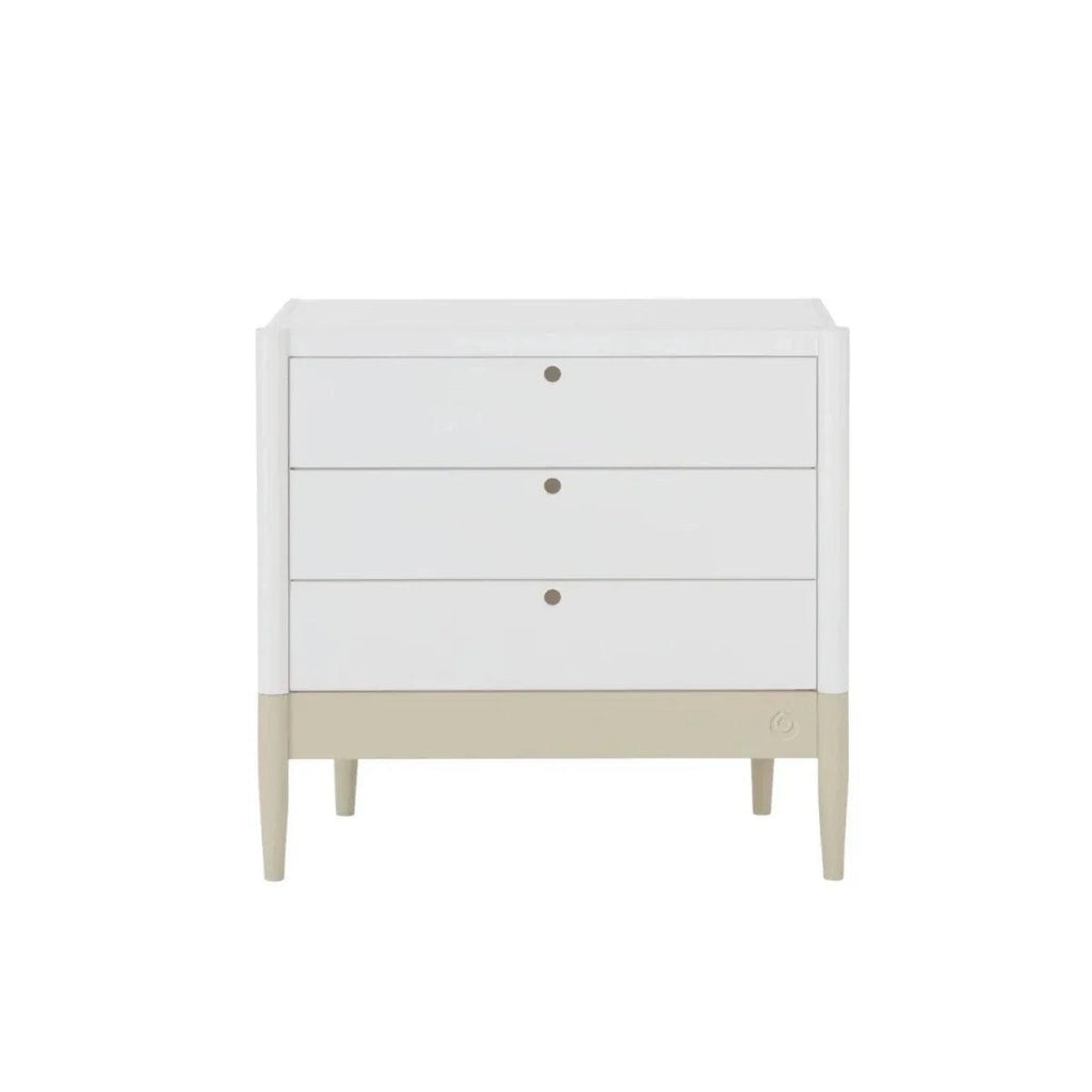 White 3-drawer dresser with desert-sage base panel and round knob drawer pulls