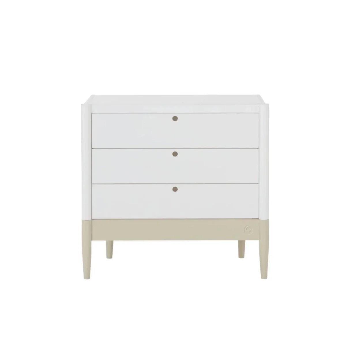 White 3-drawer dresser with desert-sage base panel and round knob drawer pulls