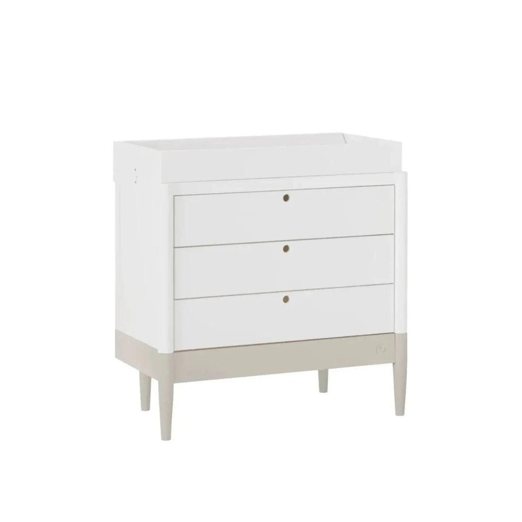White 3-drawer dresser with desert-sage base panel and front drawer knob details
