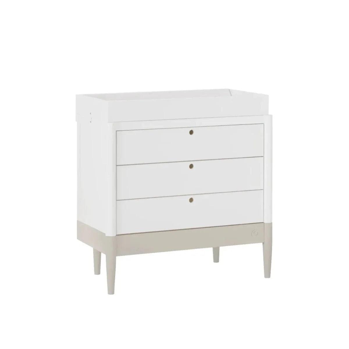 White 3-drawer dresser with desert-sage base panel and front drawer knob details