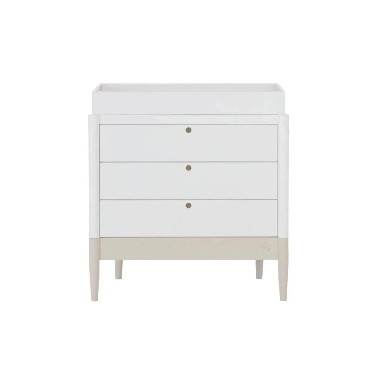 White baby dresser with 3 drawers, desert-sage base band, and round drawer pulls