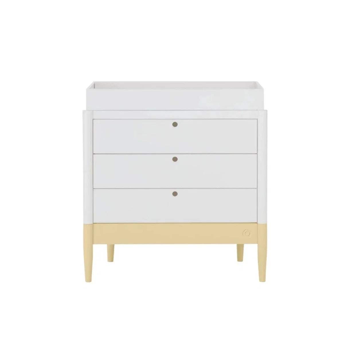 White baby dresser with three drawers, primrose yellow lower panel, brass-tone knobs, legs