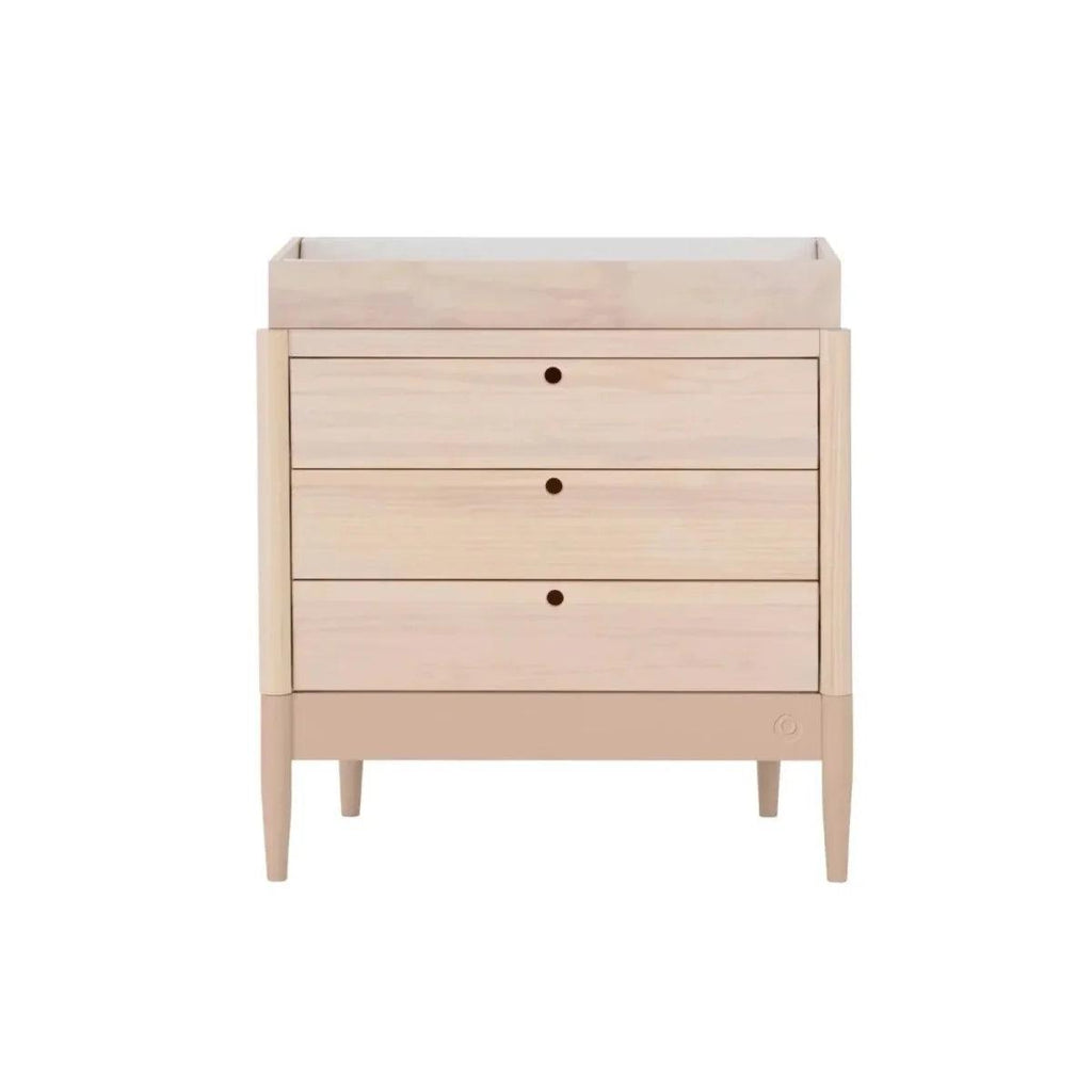 Baby dresser with three drawers and changing top in powder blush and natural ash