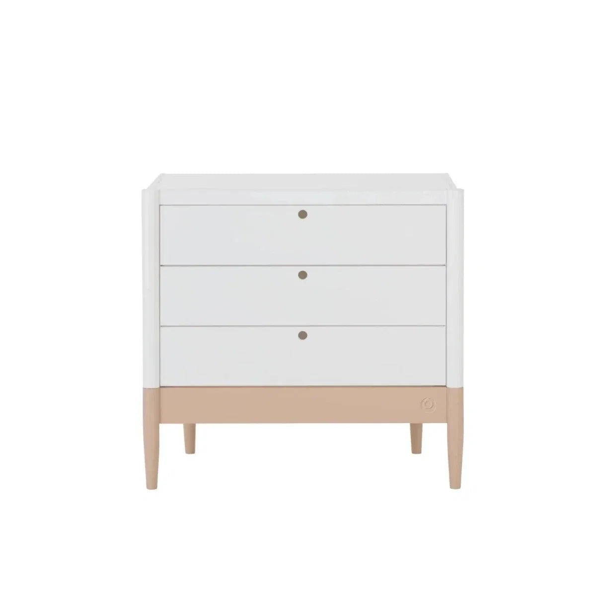White baby dresser front view with three drawers, gold knobs, powder blush base
