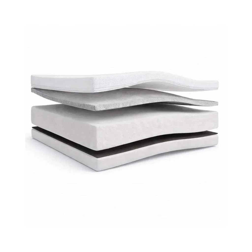 Dual-fibre baby cot mattress showing two stacked layers with light gray sides