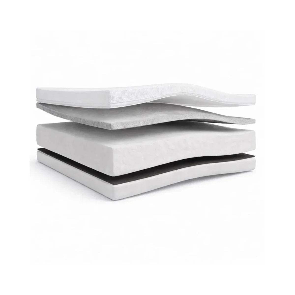 Dual-fibre baby cot mattress showing two stacked layers with light gray sides