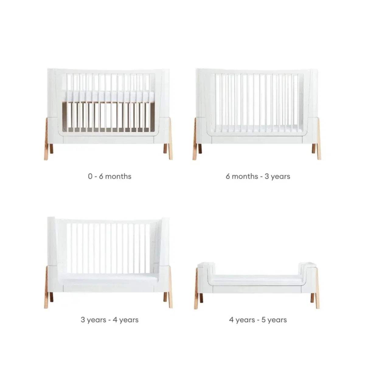 Cot bed layout options diagram showing stages from 0 months to 5 years
