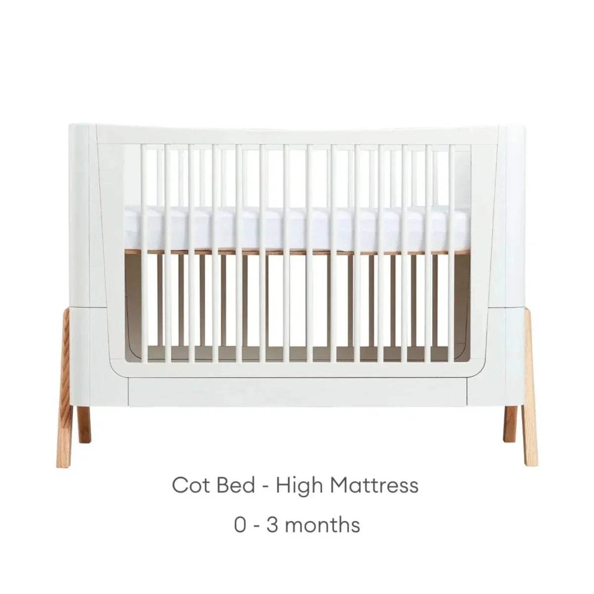 Cot bed high-mattress setup diagram for 0–3 months