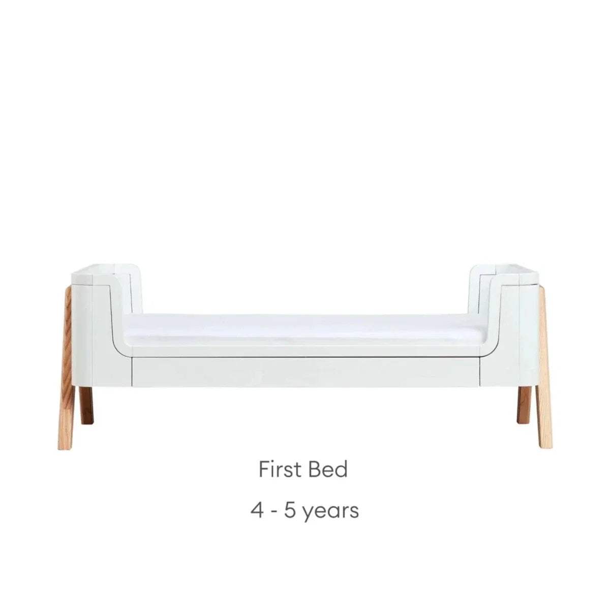 White first bed frame with curved end panels and natural wood legs
