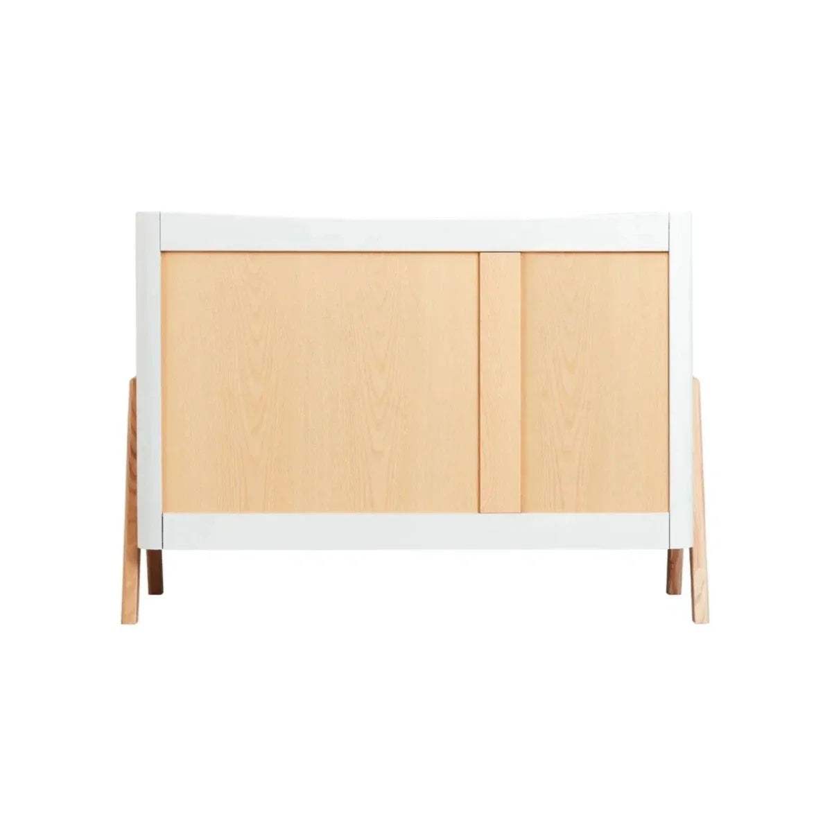 White bed frame with natural wood front panel and side supports, vertical posts