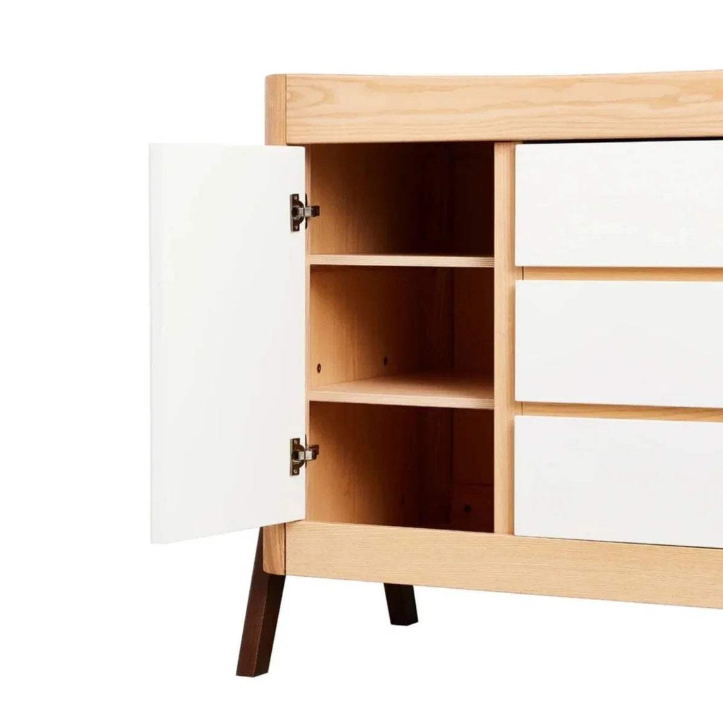 Natural wood storage cabinet with hinged doors and interior shelves under bed frame