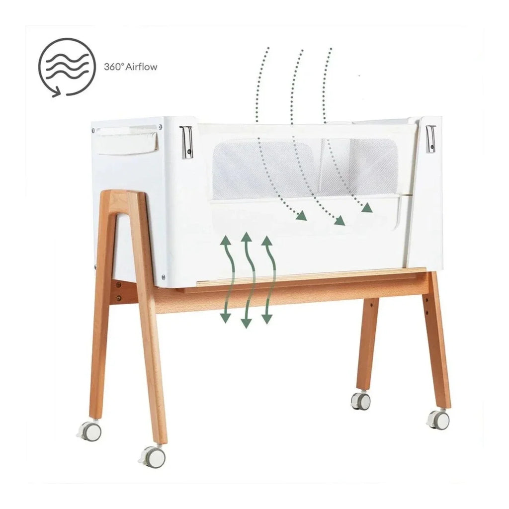 White and natural baby bedside crib with adjustable air mesh side panel