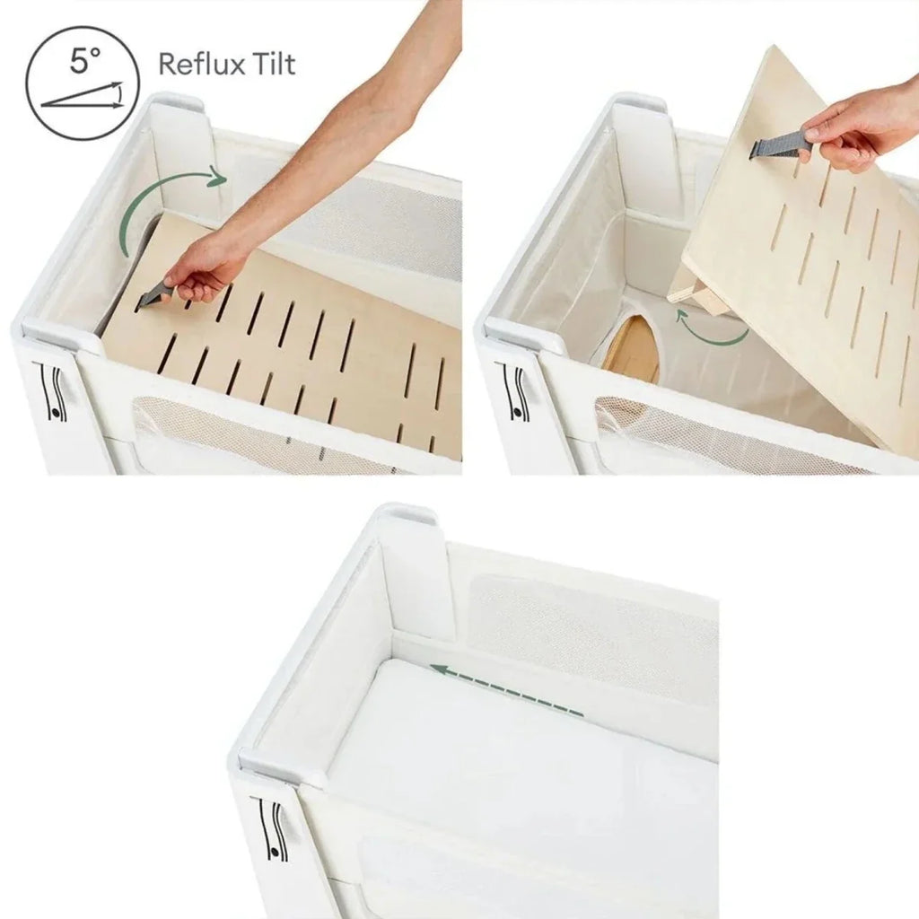 Baby bedside crib with reflux tilt design and removable interior inserts