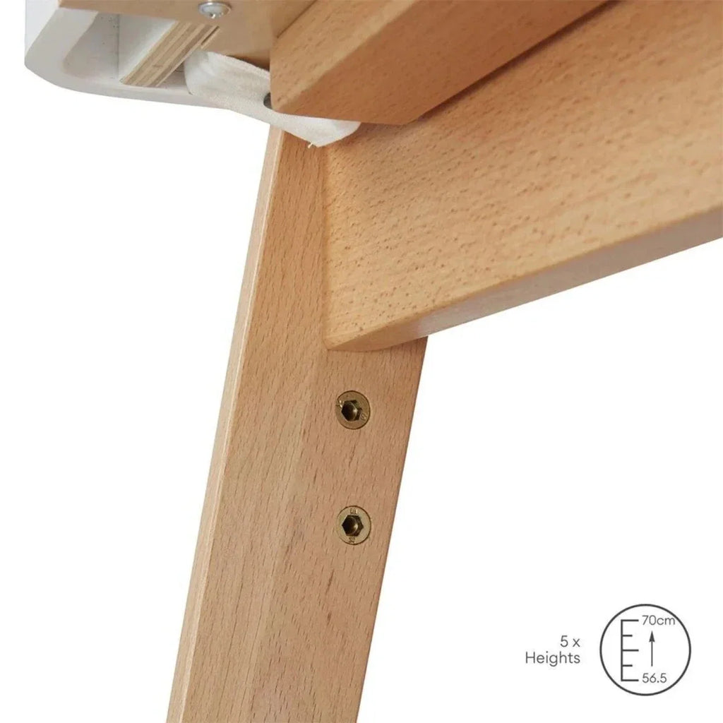 Natural wood bedside crib leg with metal connectors and height adjustment