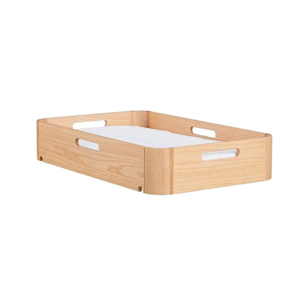 Natural wood changing tray with handles and a light fabric insert