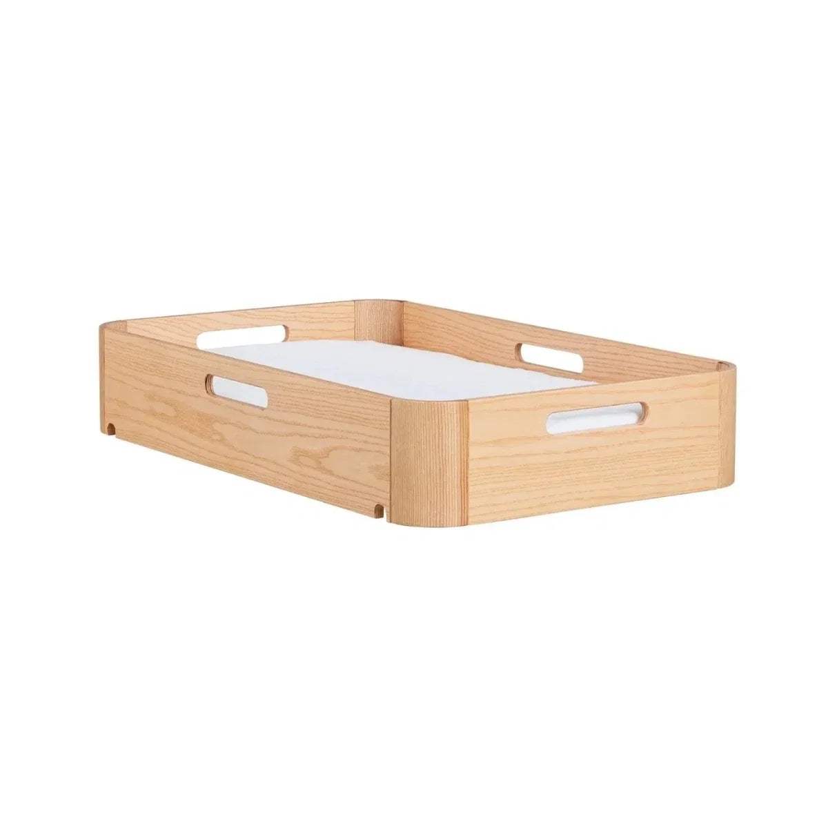 Natural wood changing tray with handles and a light fabric insert