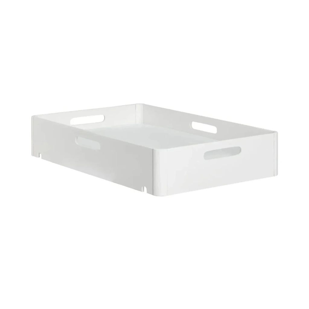 White plastic changing station bin with side handles and open top