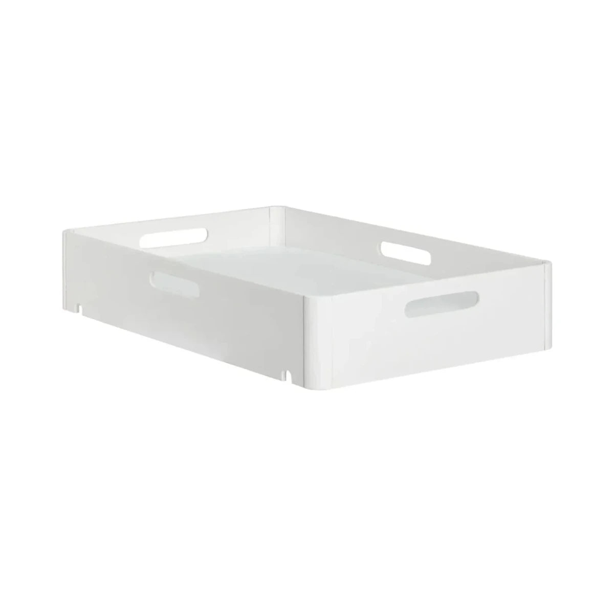White plastic changing station bin with side handles and open top