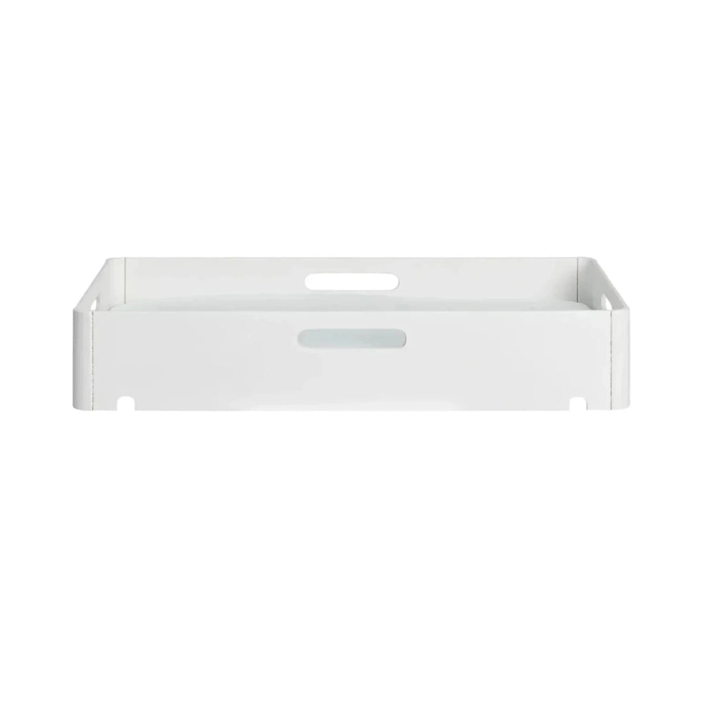 White plastic changing station bin, front view with low back panel