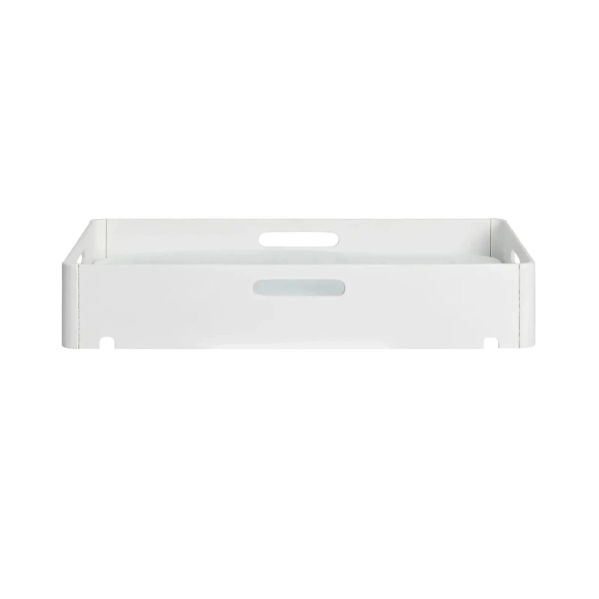 White plastic changing station bin, front view with low back panel