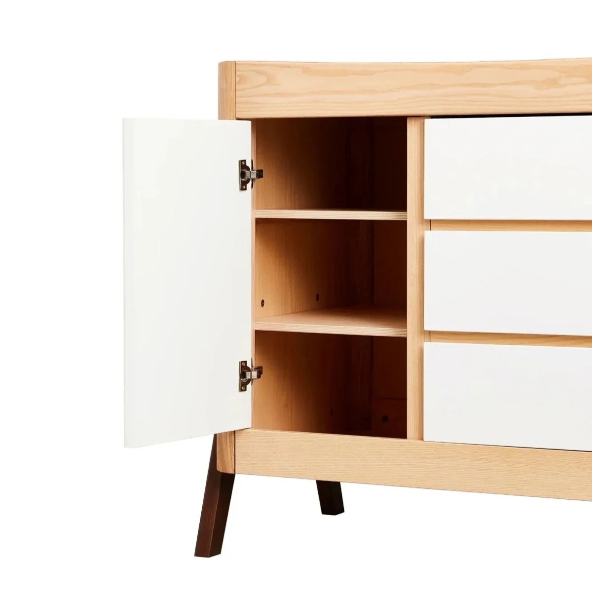 Natural wood baby dresser with side door open to reveal storage shelves