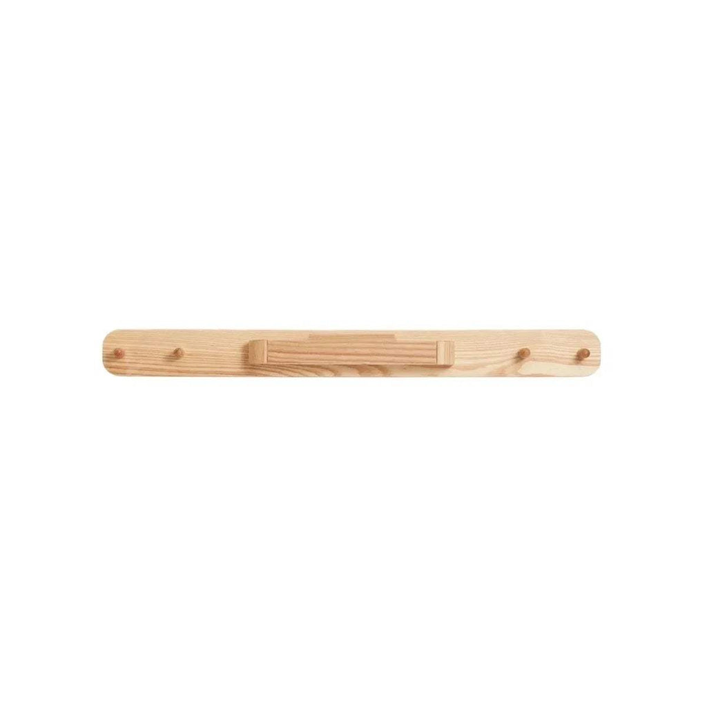 Natural wood hanging rail with four rounded pegs for baby clothes
