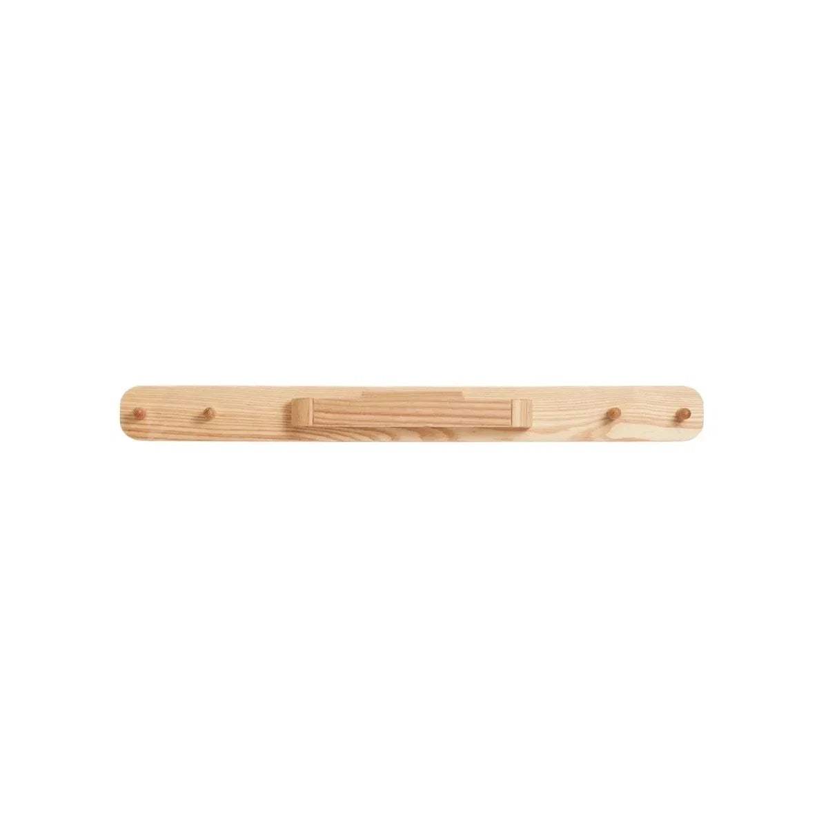 Natural wood hanging rail with four rounded pegs for baby clothes