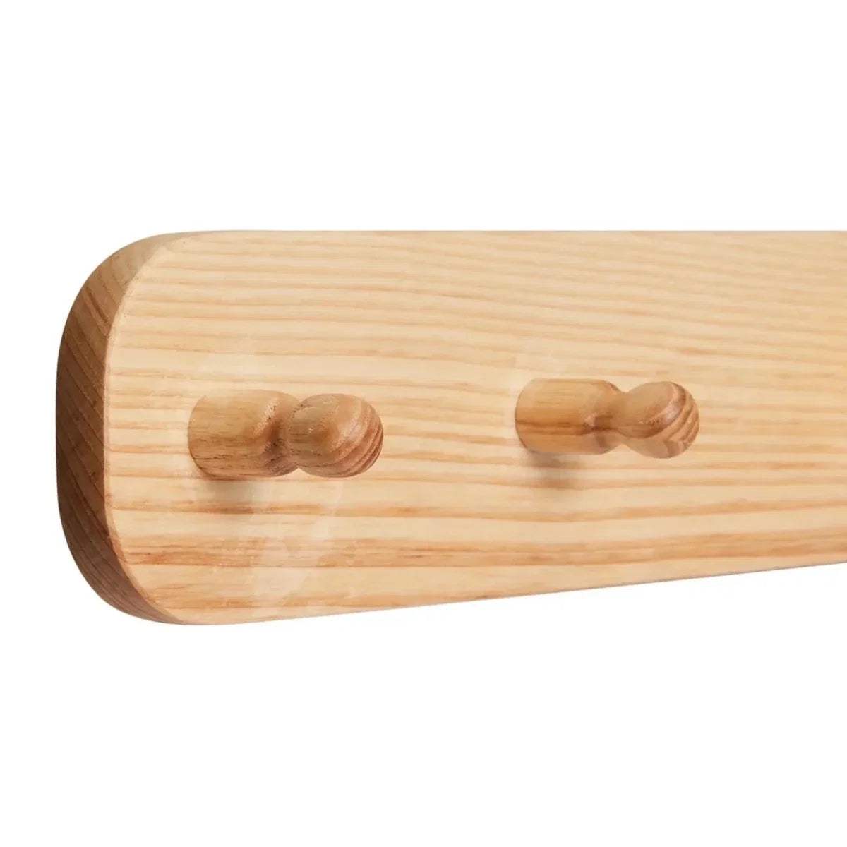 Natural wood hanging rail end with two rounded pegs