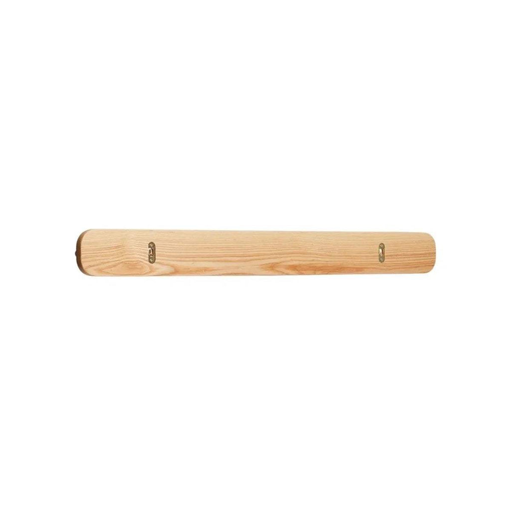 Natural wood hanging rail with two metal hooks at the ends