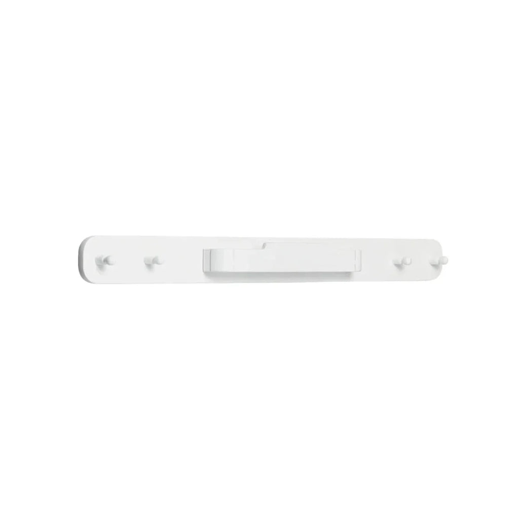 White hanging rail with two rounded end hooks and centered mounting plate