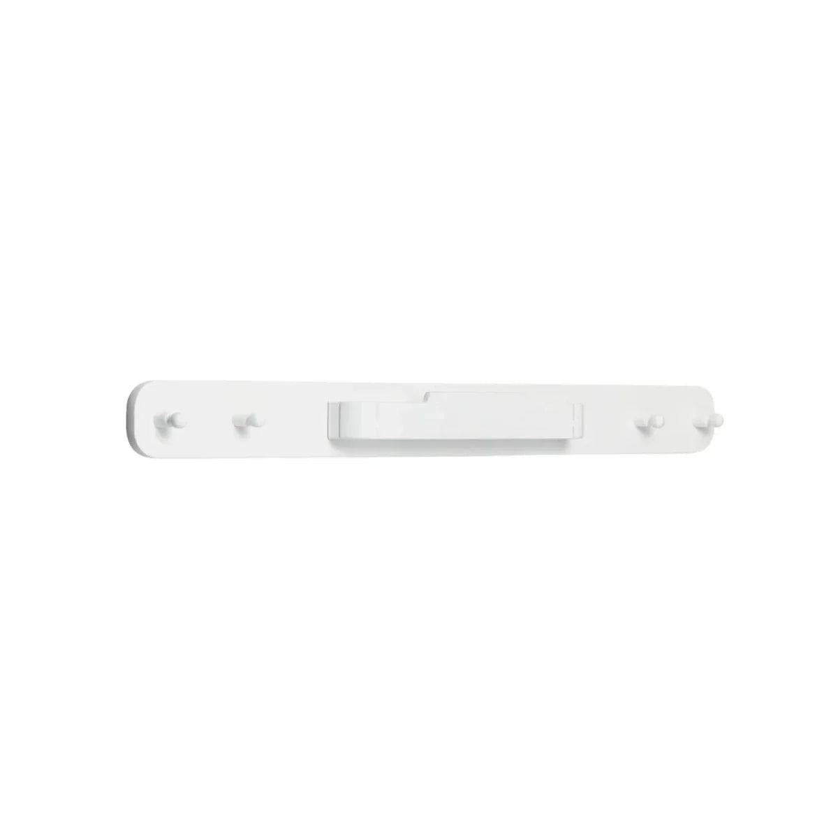 White hanging rail with two rounded end hooks and centered mounting plate