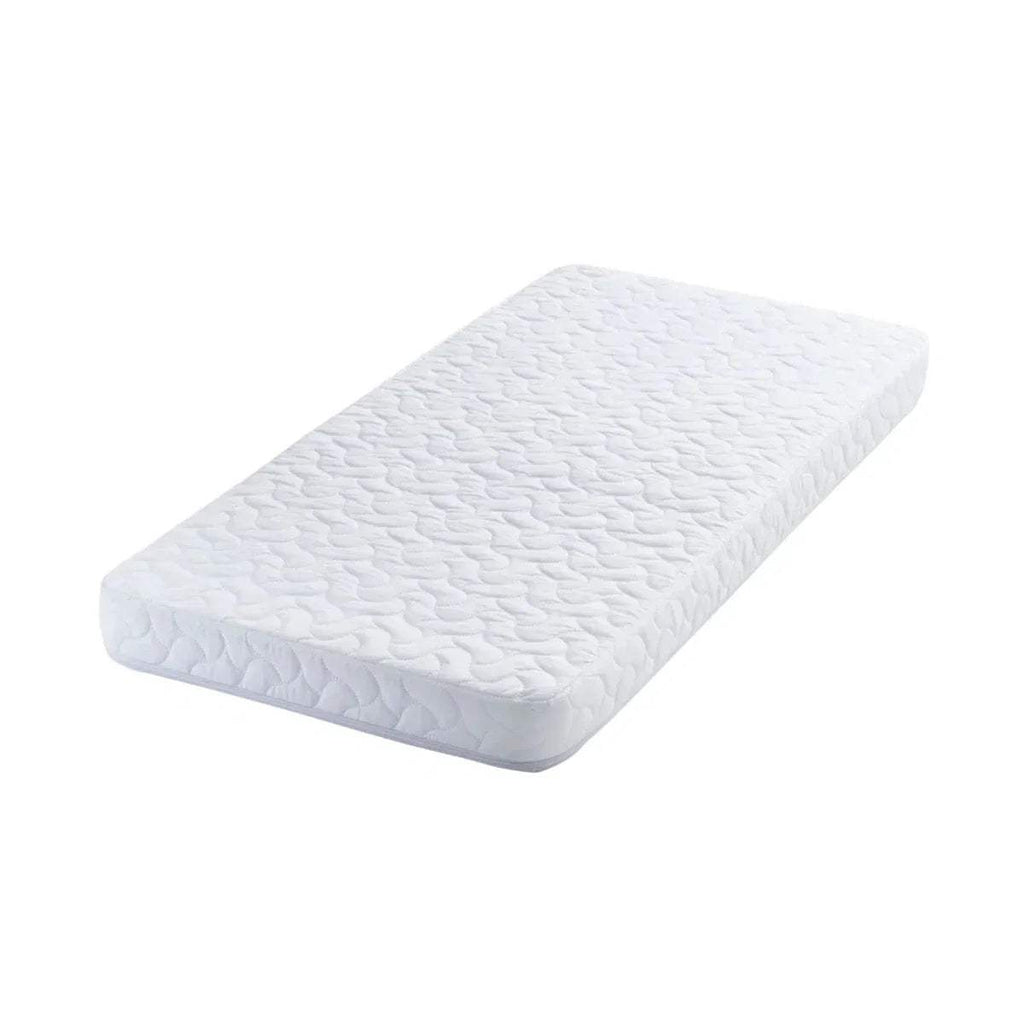 Baby cot bed mattress, white quilted top with soft cushioned surface.