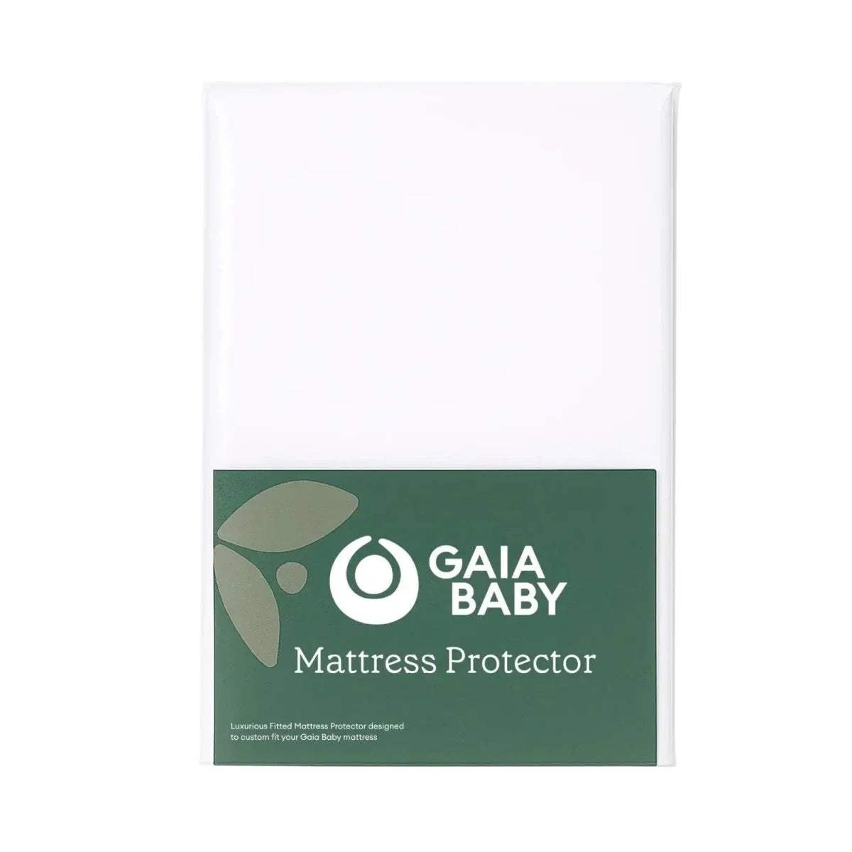 White baby mattress protector packaging with Gaia Baby logo