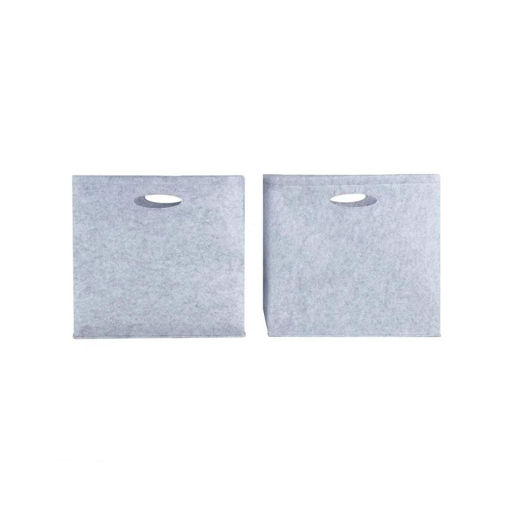 Pair of light gray felt storage boxes with oval handle cutouts