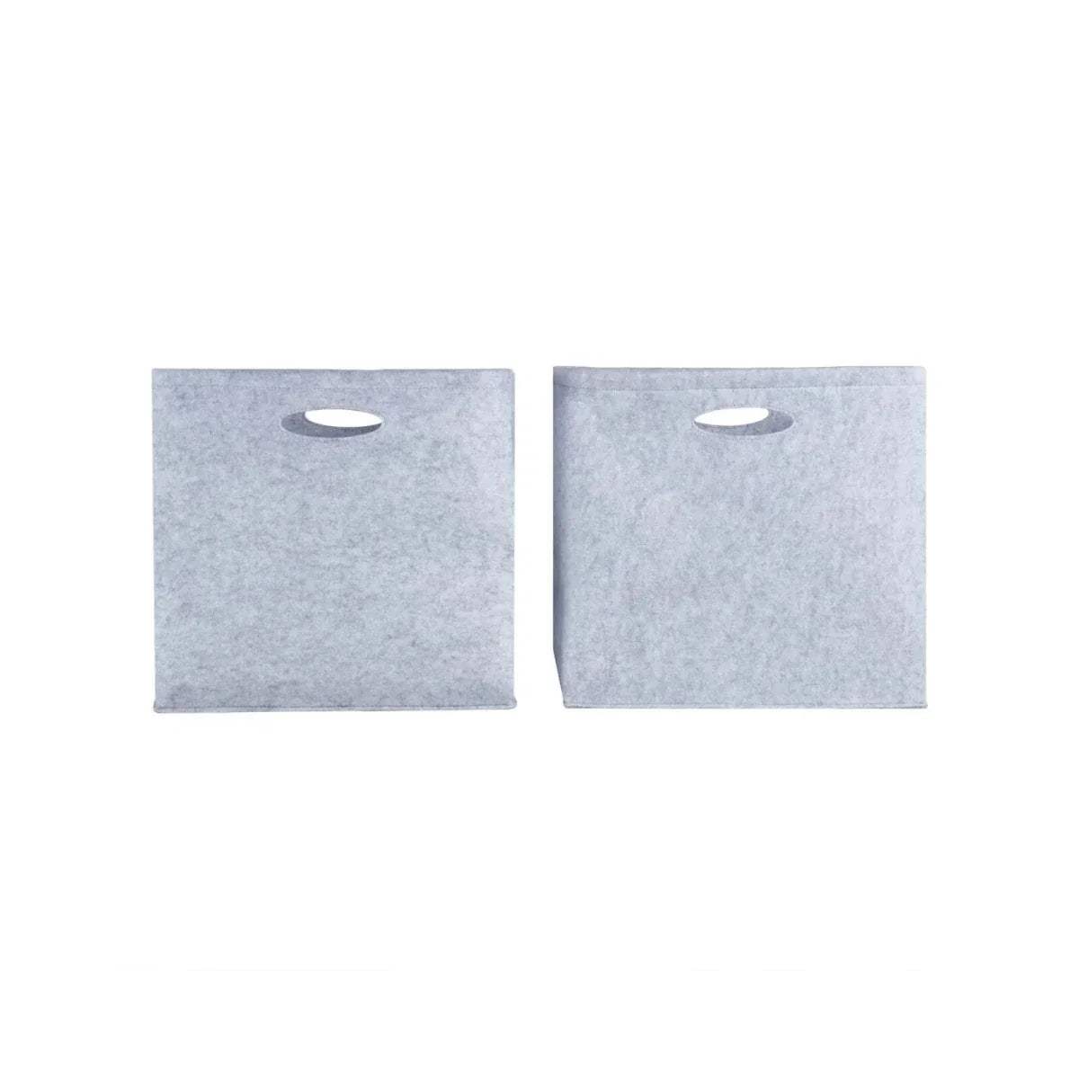 Pair of light gray felt storage boxes with oval handle cutouts