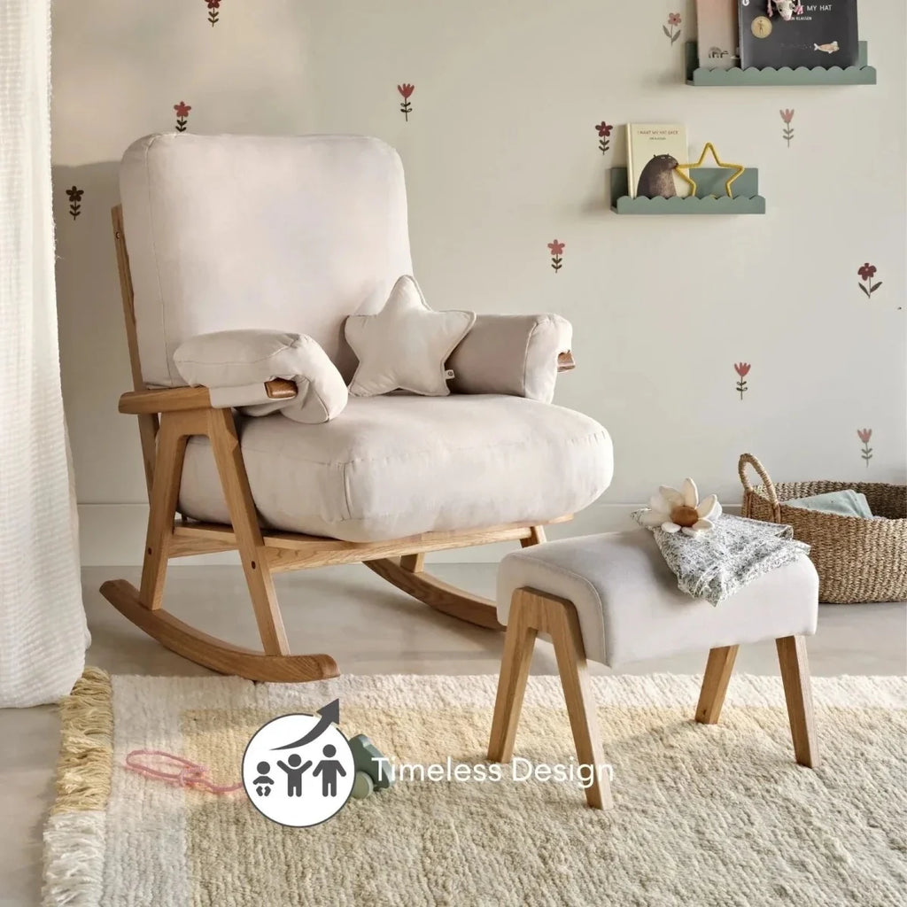 Gaia Baby Hera rocking chair with off-white cushions and light oak frame, plus padded footstool
